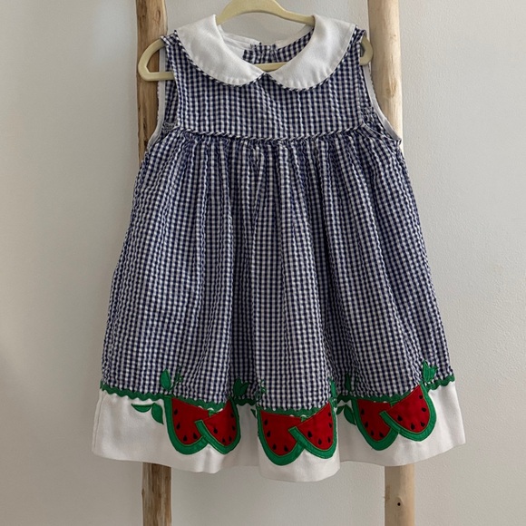 Blue and White Gingham Watermelon Dress and Bloomers - Picture 2 of 8